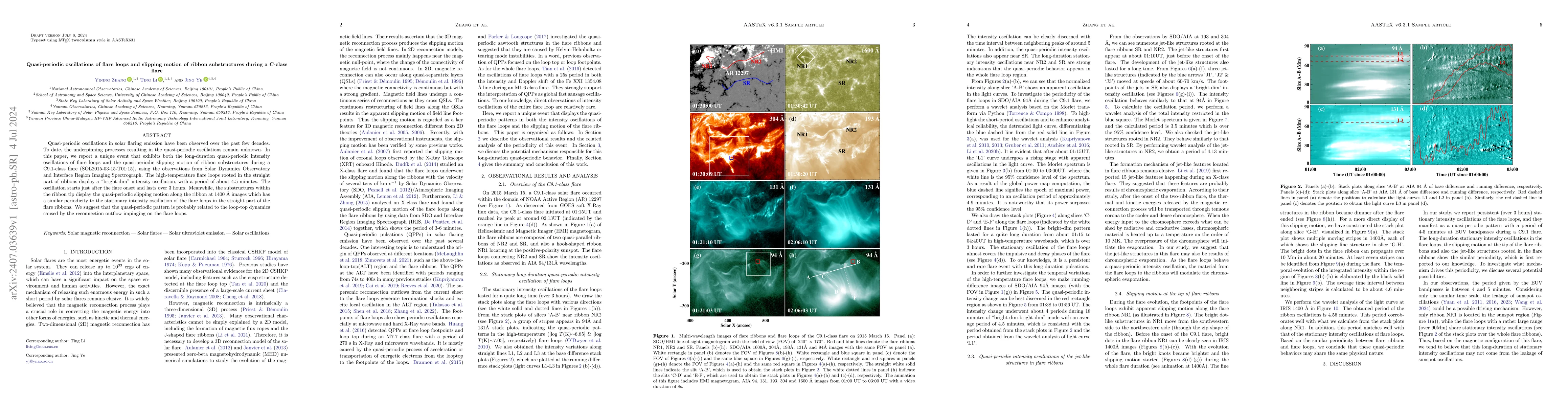 Thumbnail for Quasi-periodic oscillations of flare loops and slipping motion of ribbon
  substructures during a C-class flare