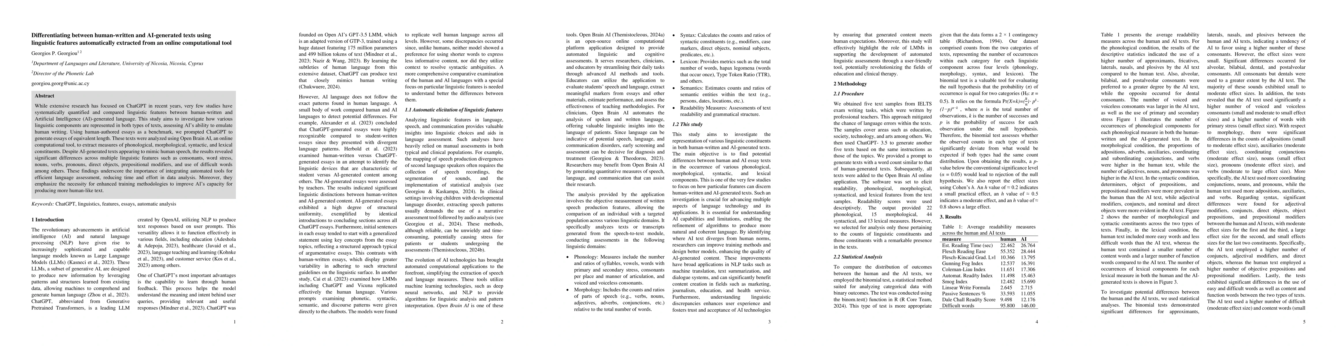 Thumbnail for Differentiating between human-written and AI-generated texts using
  linguistic features automatically extracted from an online computational tool