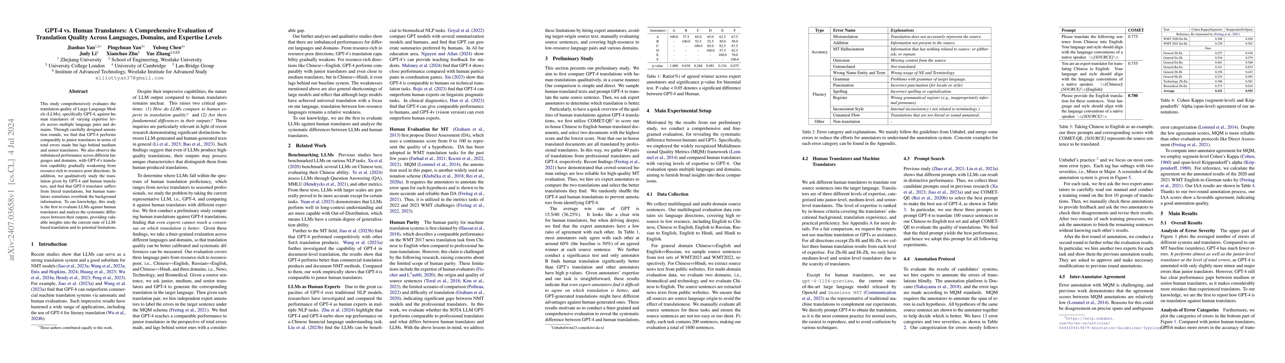 Thumbnail for GPT-4 vs. Human Translators: A Comprehensive Evaluation of Translation
  Quality Across Languages, Domains, and Expertise Levels
