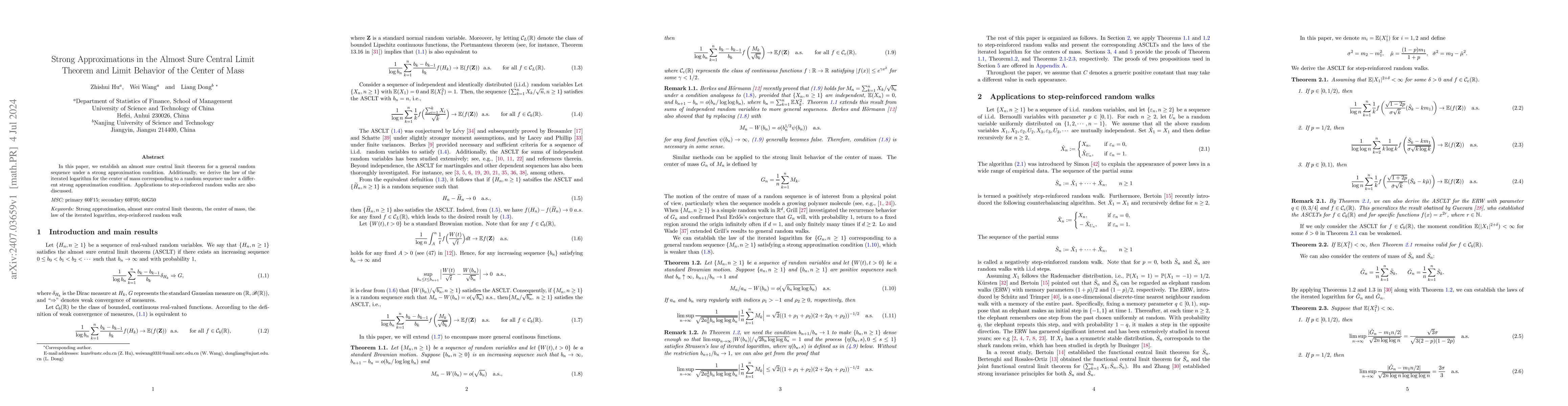 Thumbnail for Strong Approximations in the Almost Sure Central Limit Theorem and Limit
  Behavior of the Center of Mass