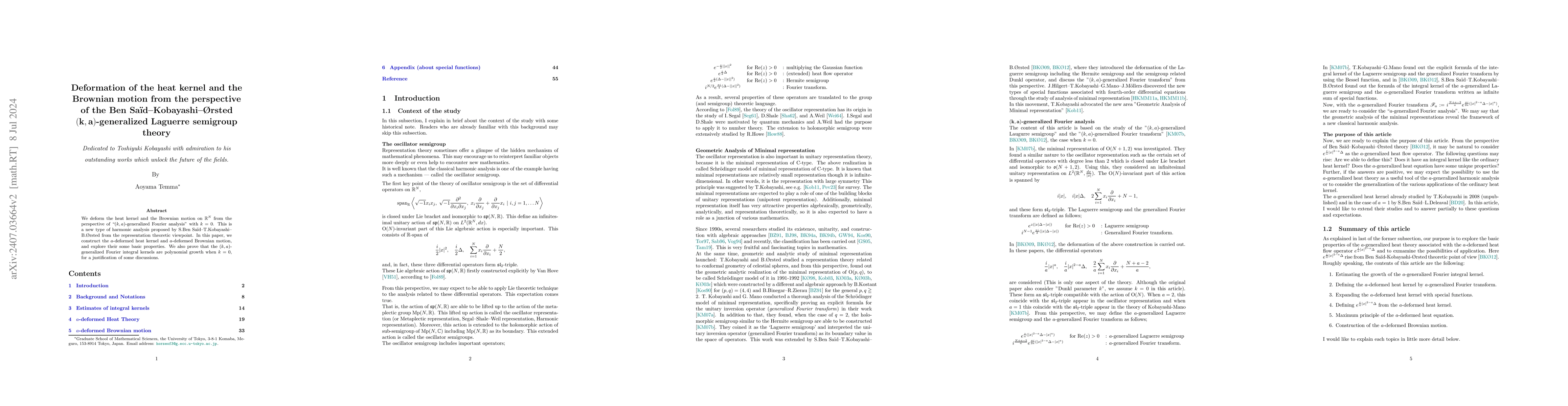 Thumbnail for Deformation of the heat kernel and the Brownian motion from the
  perspective of the Ben Saïd--Kobayashi--Ørsted $(k,a)$-generalized
  Laguerre semigroup theory