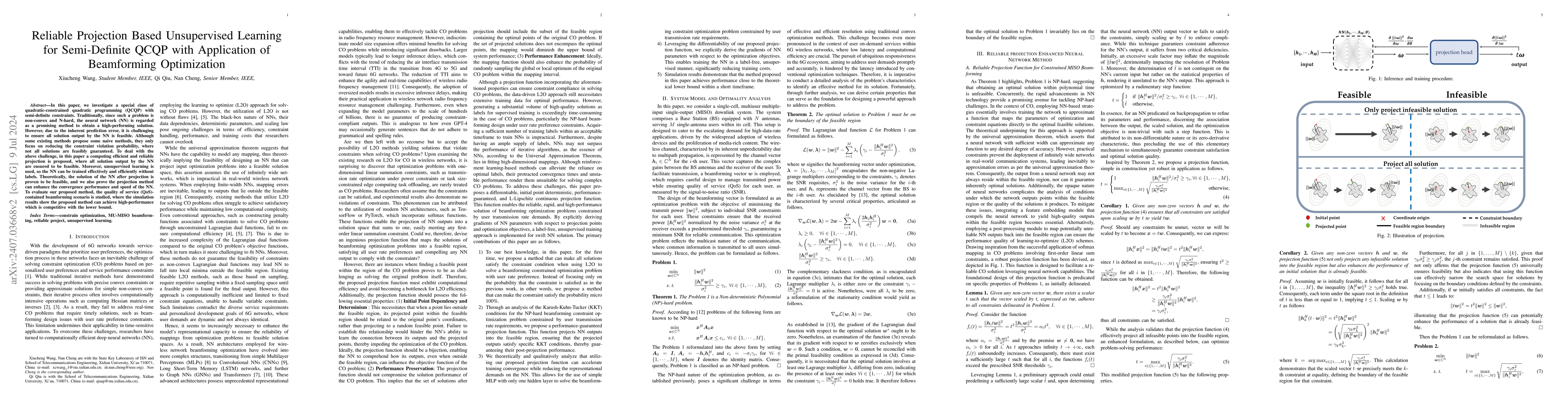 Thumbnail for Reliable Projection Based Unsupervised Learning for Semi-Definite QCQP
  with Application of Beamforming Optimization