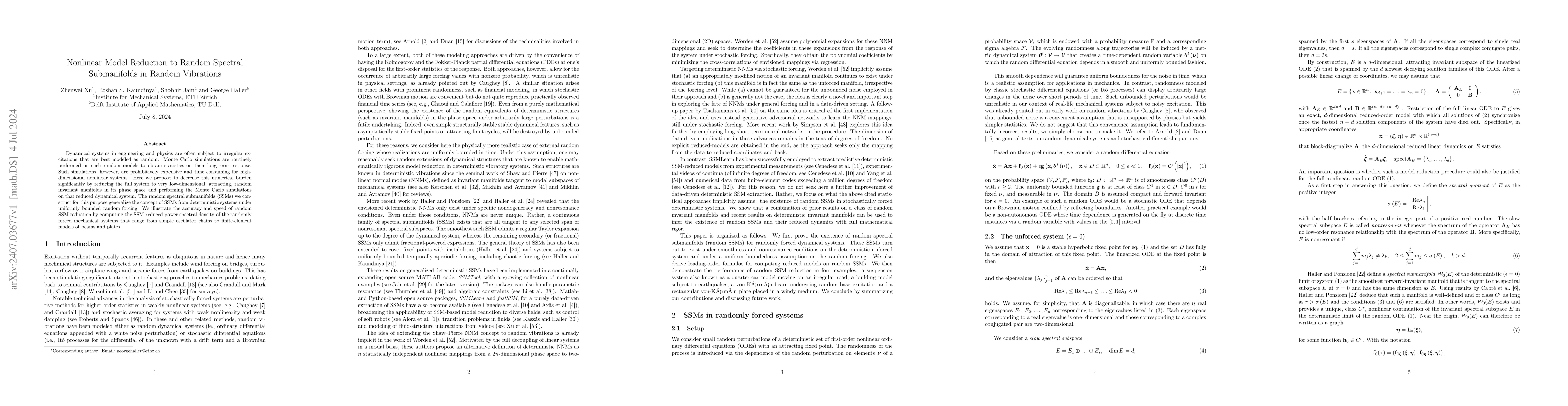 Thumbnail for Nonlinear Model Reduction to Random Spectral Submanifolds in Random
  Vibrations