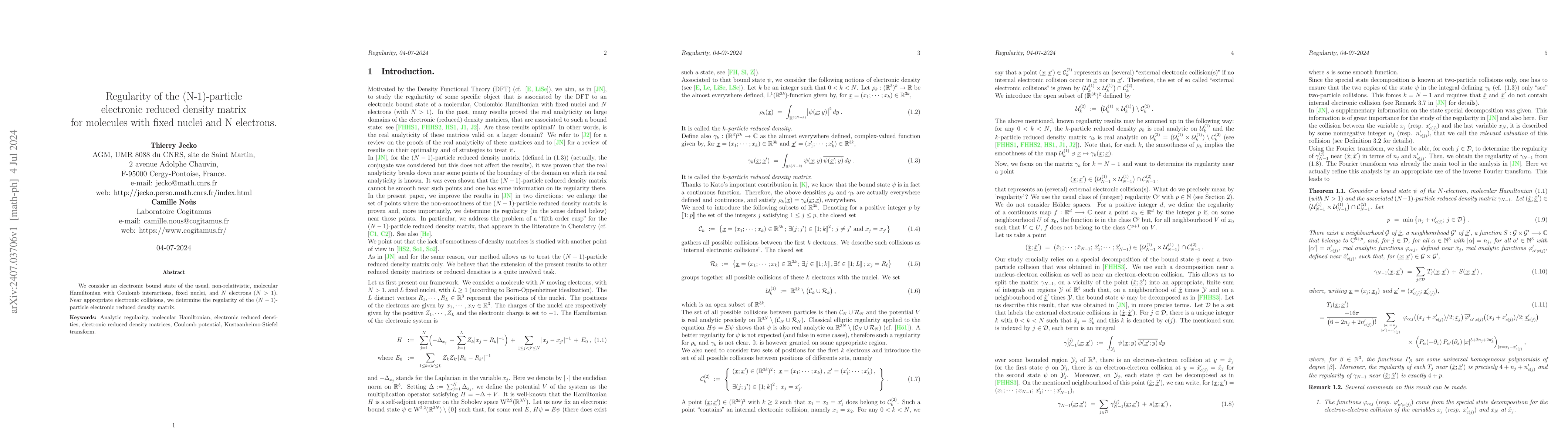 Thumbnail for Regularity of the (N-1)-particle electronic reduced density matrix for
  molecules with fixed nuclei and N electrons