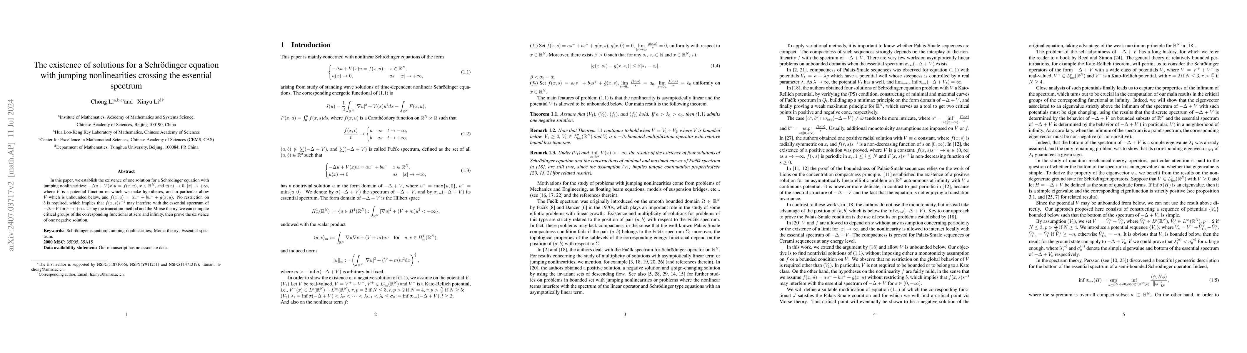 Thumbnail for The existence of solutions for a Schrodinger equation with jumping
  nonlinearities crossing the essential spectrum