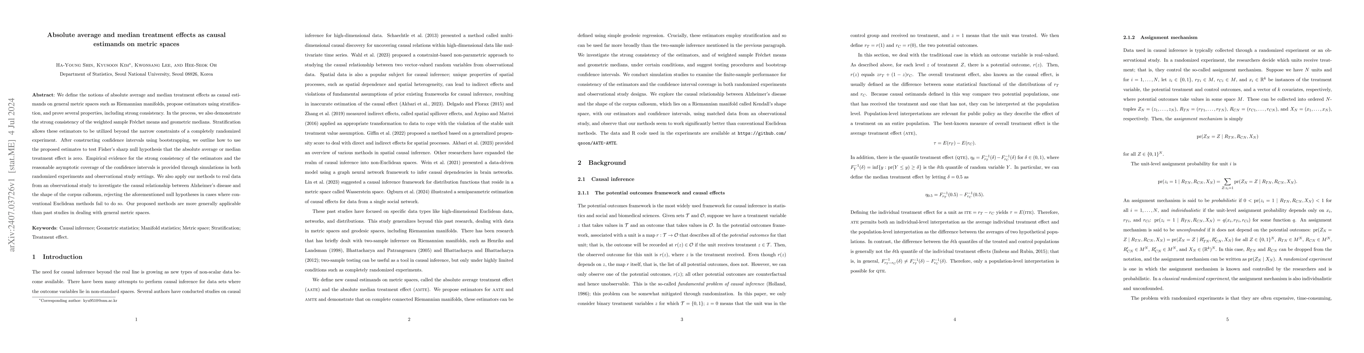 Thumbnail for Absolute average and median treatment effects as causal estimands on
  metric spaces