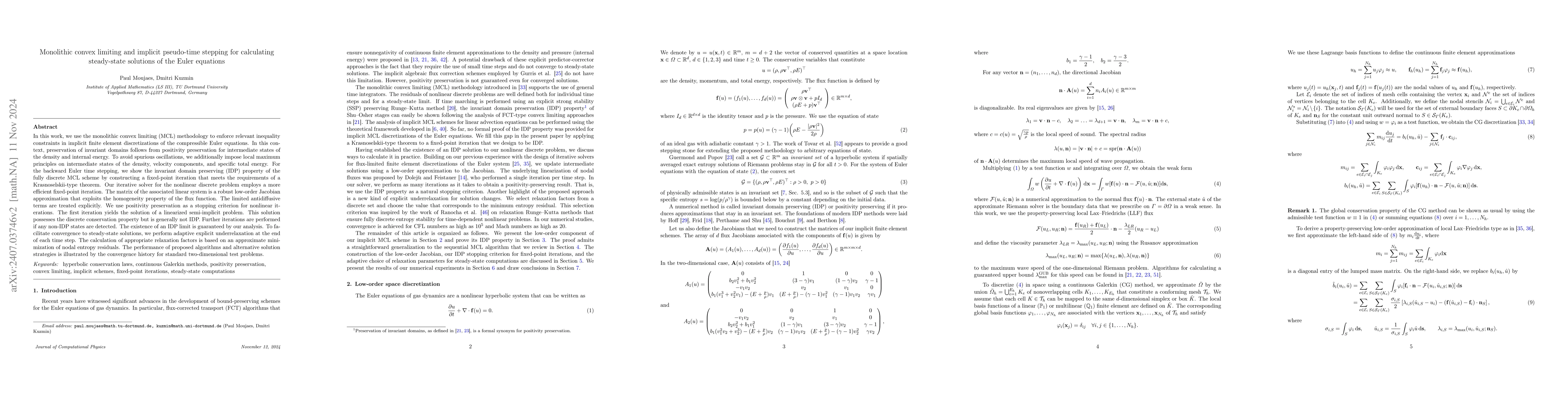 Thumbnail for Monolithic convex limiting and implicit pseudo-time stepping for
  calculating steady-state solutions of the Euler equations