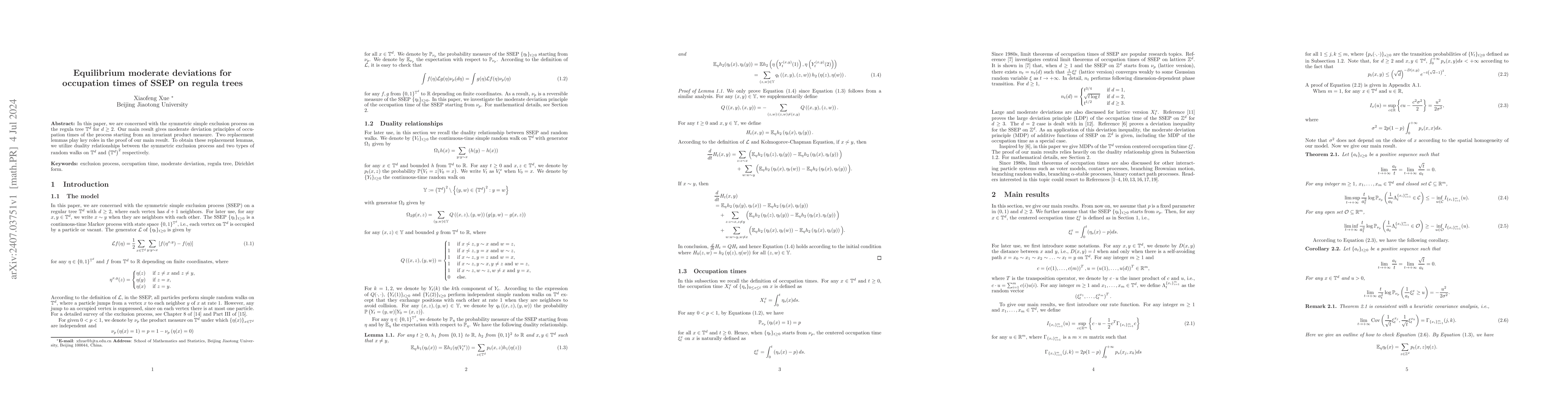 Thumbnail for Equilibrium moderate deviations for occupation times of SSEP on regula
  trees