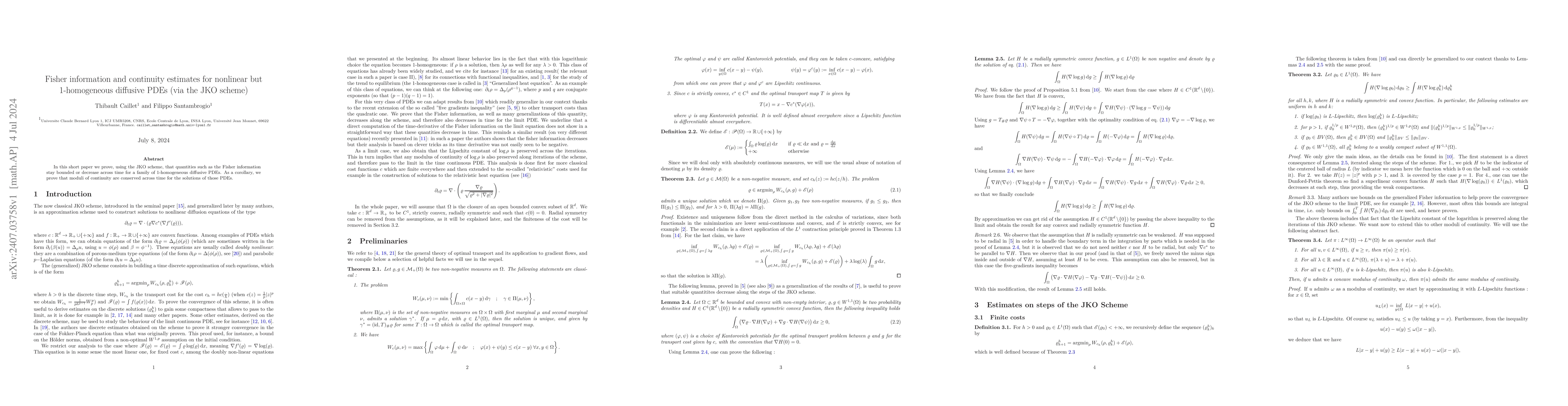 Thumbnail for Fisher information and continuity estimates for nonlinear but
  1-homogeneous diffusive PDEs (via the JKO scheme)