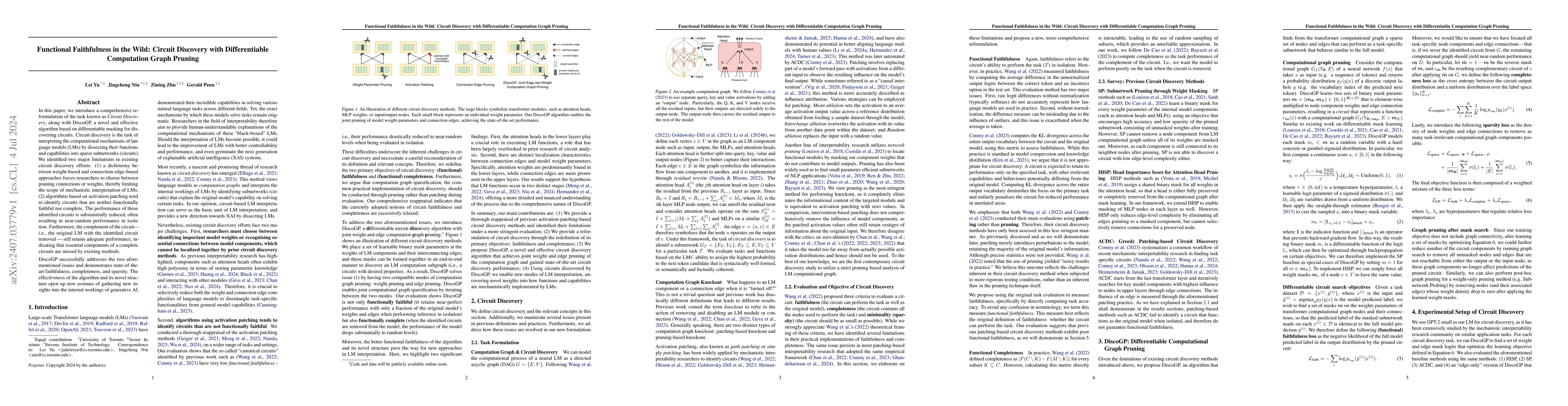 Thumbnail for Functional Faithfulness in the Wild: Circuit Discovery with
  Differentiable Computation Graph Pruning