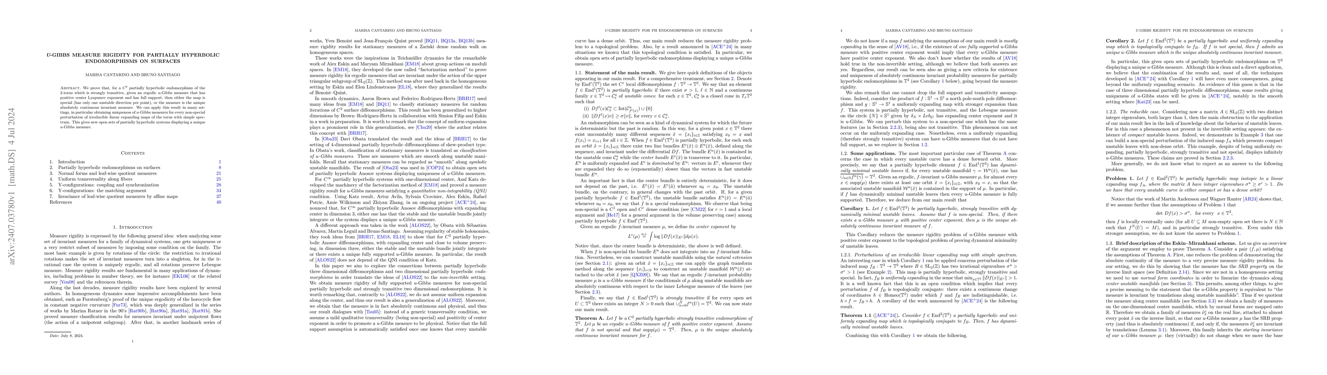 Thumbnail for U-Gibbs measure rigidity for partially hyperbolic endomorphisms on
  surfaces