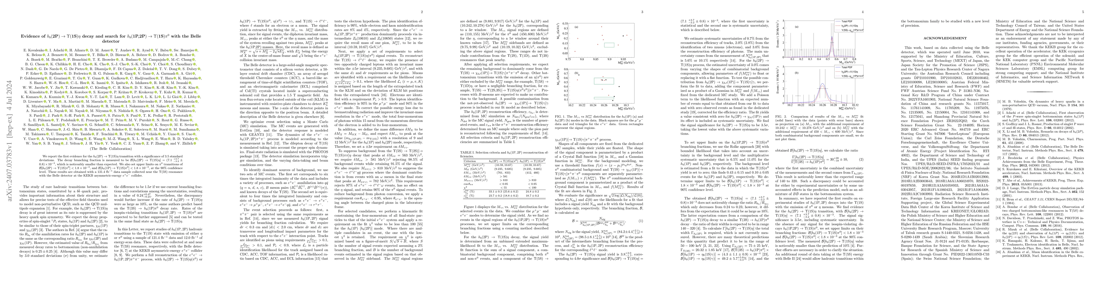 Thumbnail for Evidence of $h_{b}(\text{2P}) \to Υ(\text{1S})η$ decay and
  search for $h_{b}(\text{1P,2P}) \to Υ(\text{1S})π^0$ with the Belle
  detector