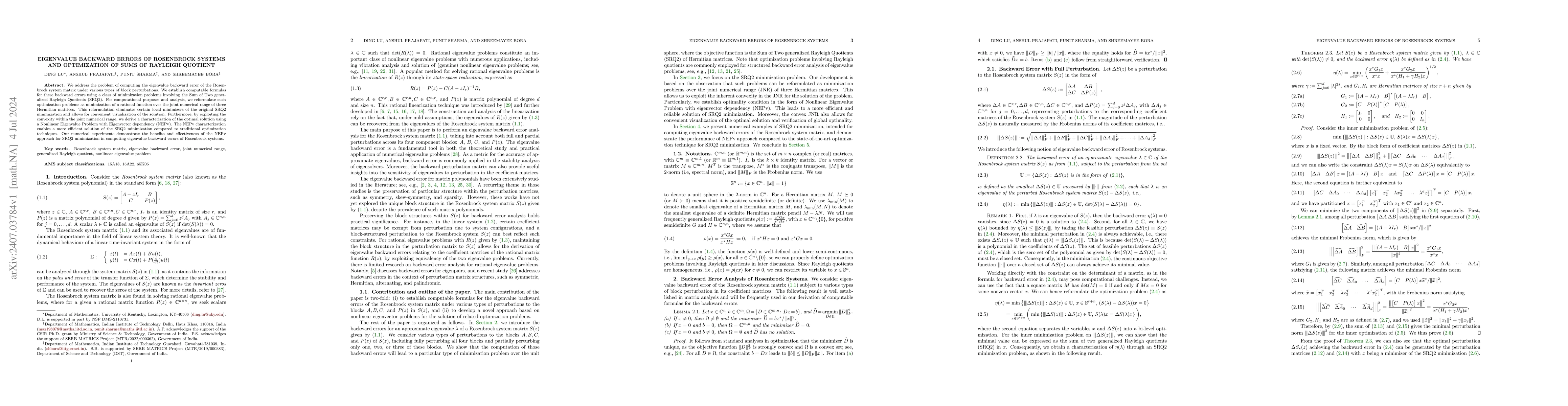 Thumbnail for Eigenvalue backward errors of Rosenbrock systems and optimization of
  sums of Rayleigh quotient
