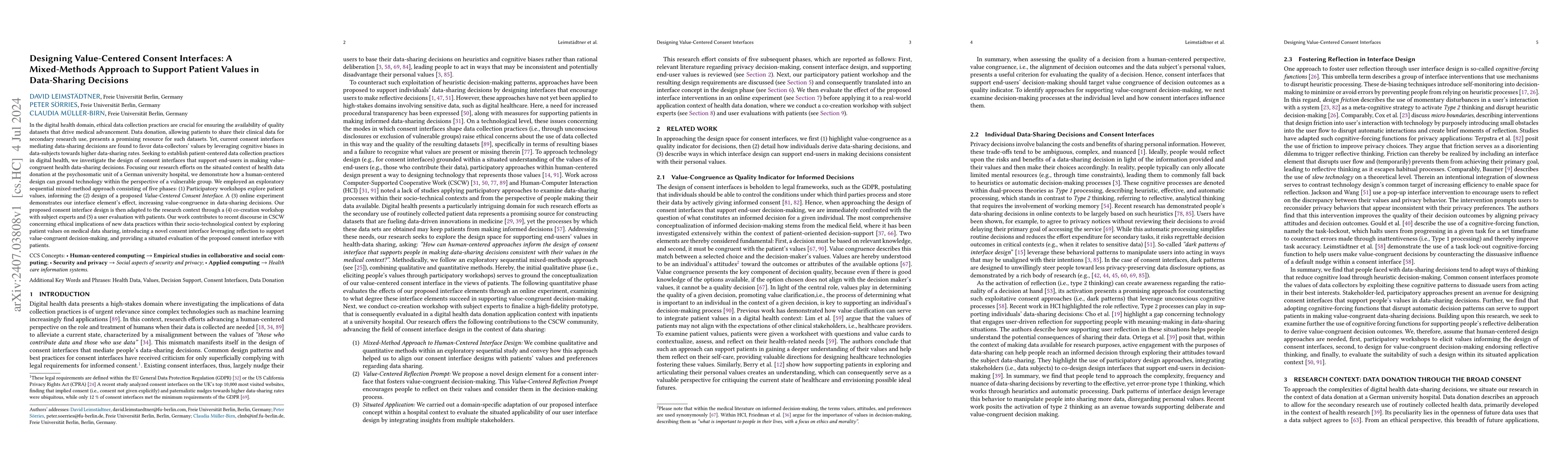 Thumbnail for Designing Value-Centered Consent Interfaces: A Mixed-Methods Approach to
  Support Patient Values in Data-Sharing Decisions