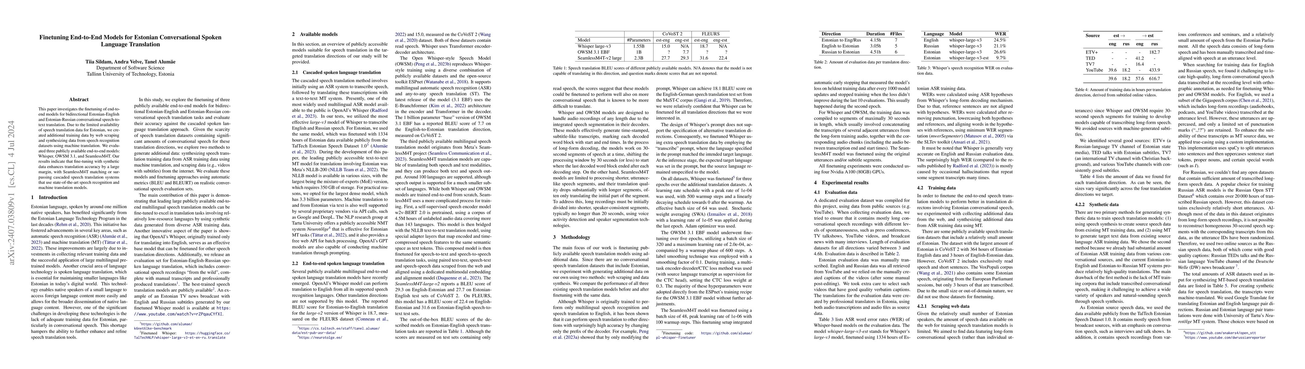 Thumbnail for Finetuning End-to-End Models for Estonian Conversational Spoken Language
  Translation