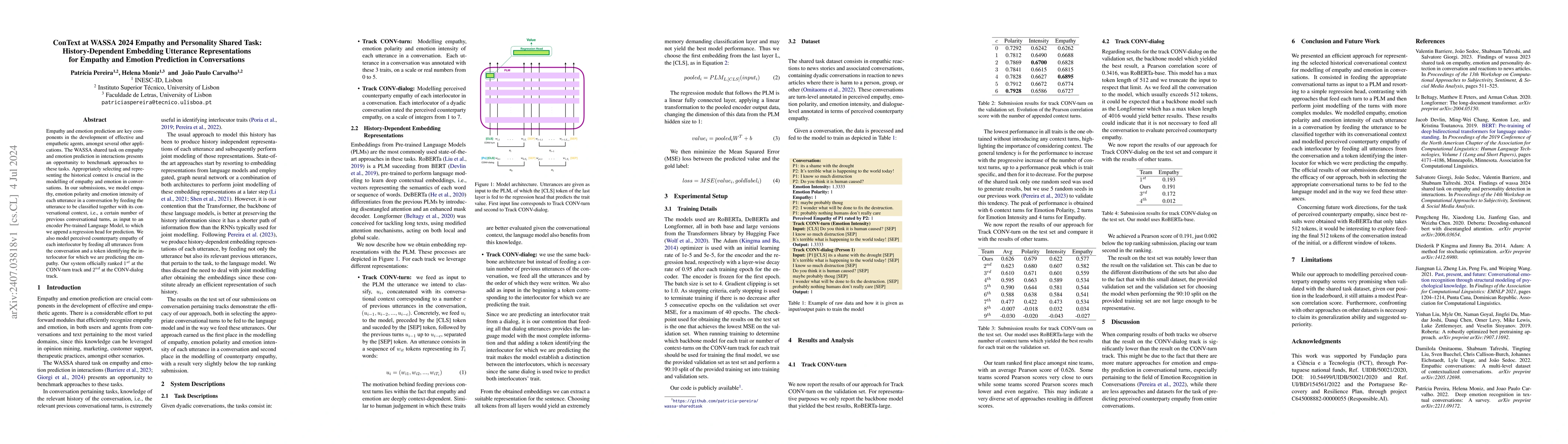 Thumbnail for ConText at WASSA 2024 Empathy and Personality Shared Task:
  History-Dependent Embedding Utterance Representations for Empathy and Emotion
  Prediction in Conversations