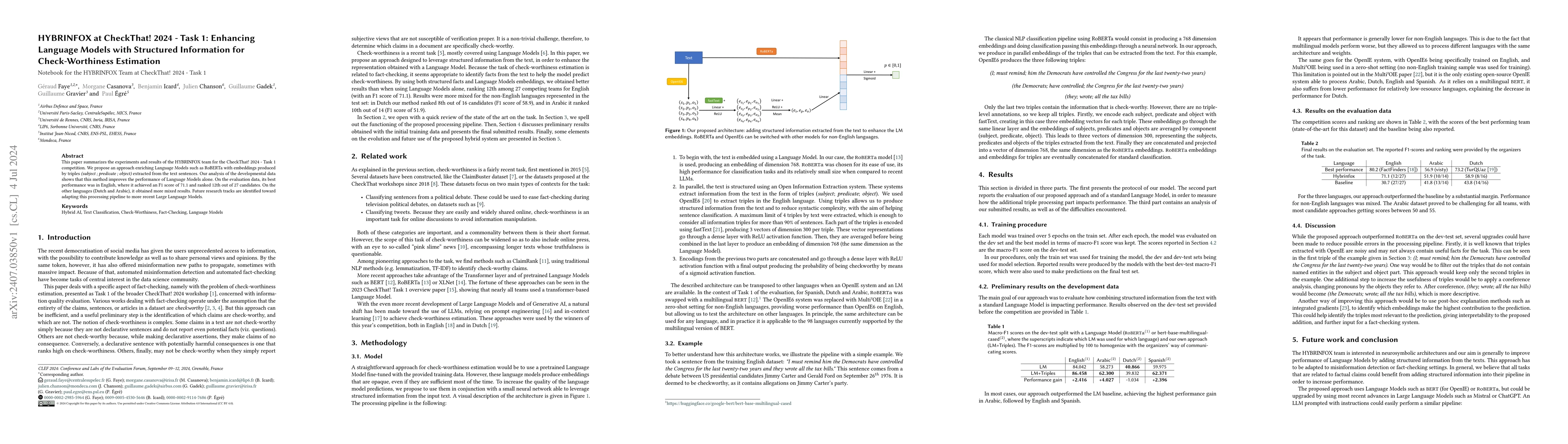 Thumbnail for HYBRINFOX at CheckThat! 2024 -- Task 1: Enhancing Language Models with
  Structured Information for Check-Worthiness Estimation