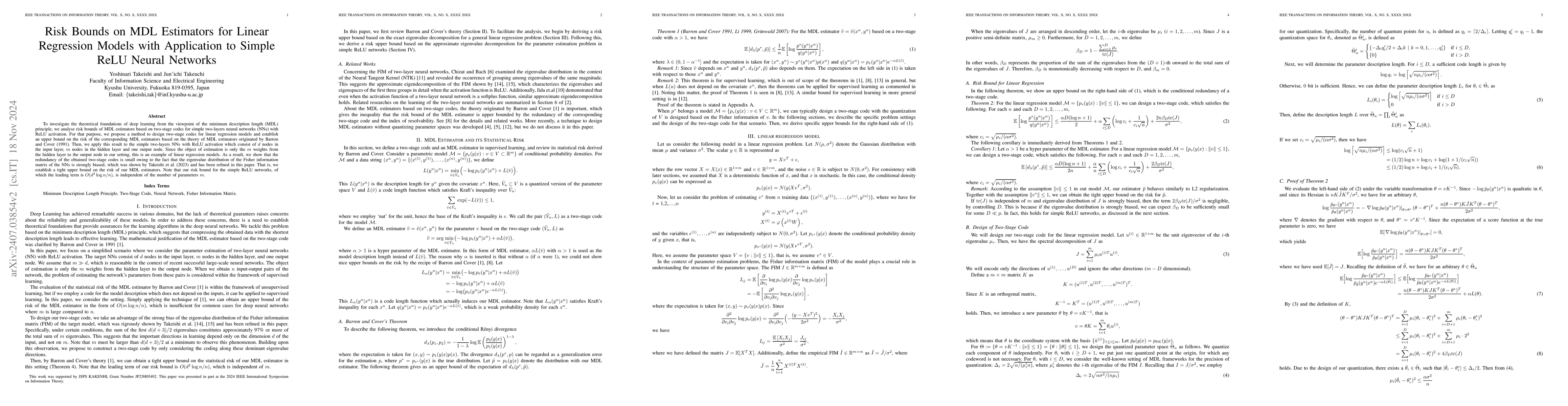 Thumbnail for Risk Bounds on MDL Estimators for Linear Regression Models with
  Application to Simple ReLU Neural Networks