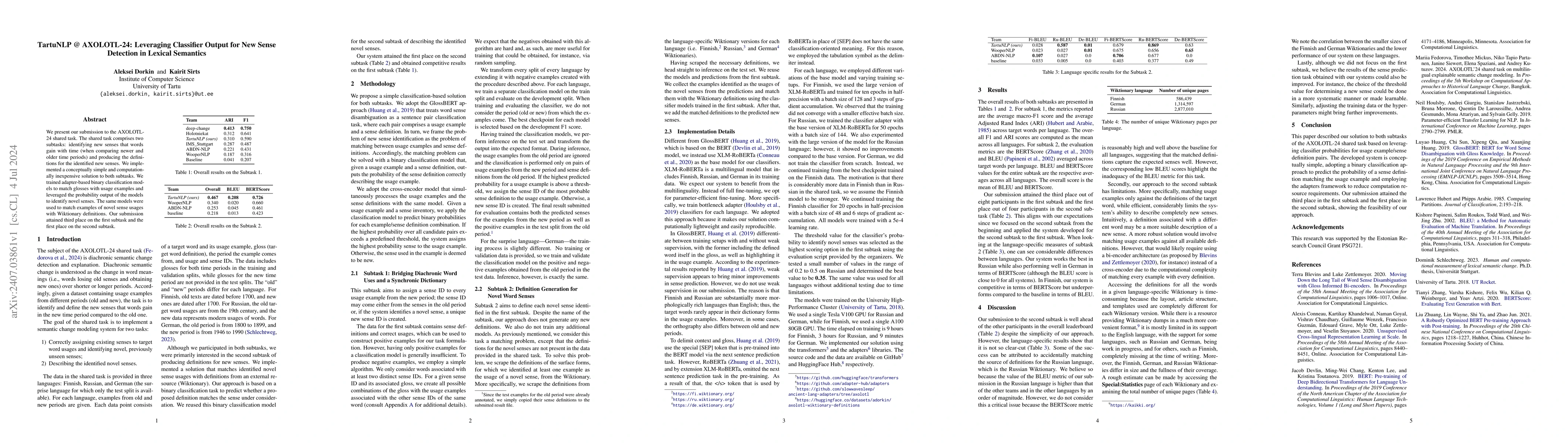 Thumbnail for TartuNLP @ AXOLOTL-24: Leveraging Classifier Output for New Sense
  Detection in Lexical Semantics