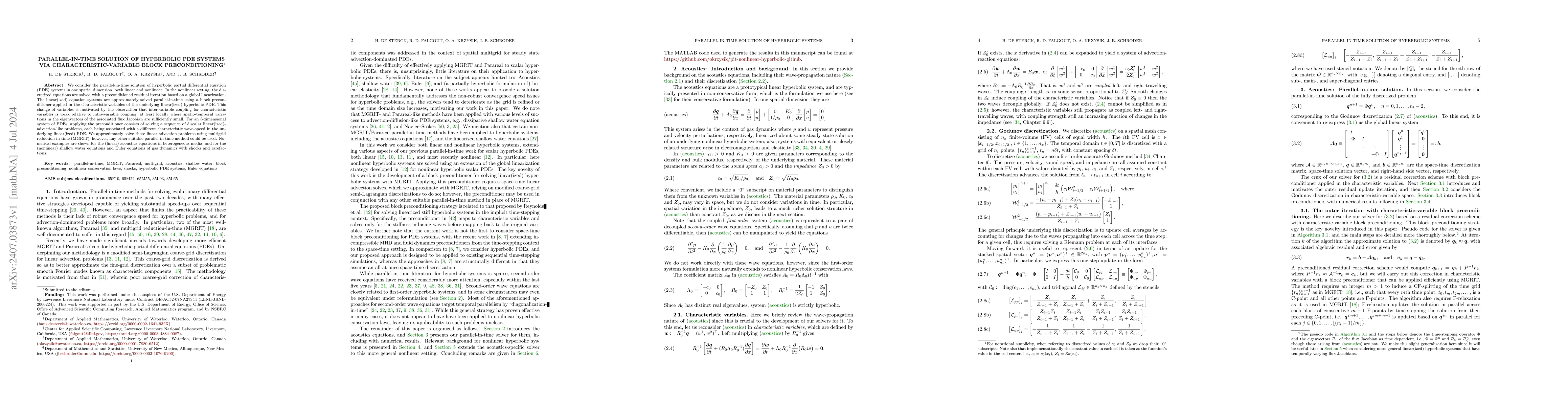 Thumbnail for Parallel-in-time solution of hyperbolic PDE systems via
  characteristic-variable block preconditioning