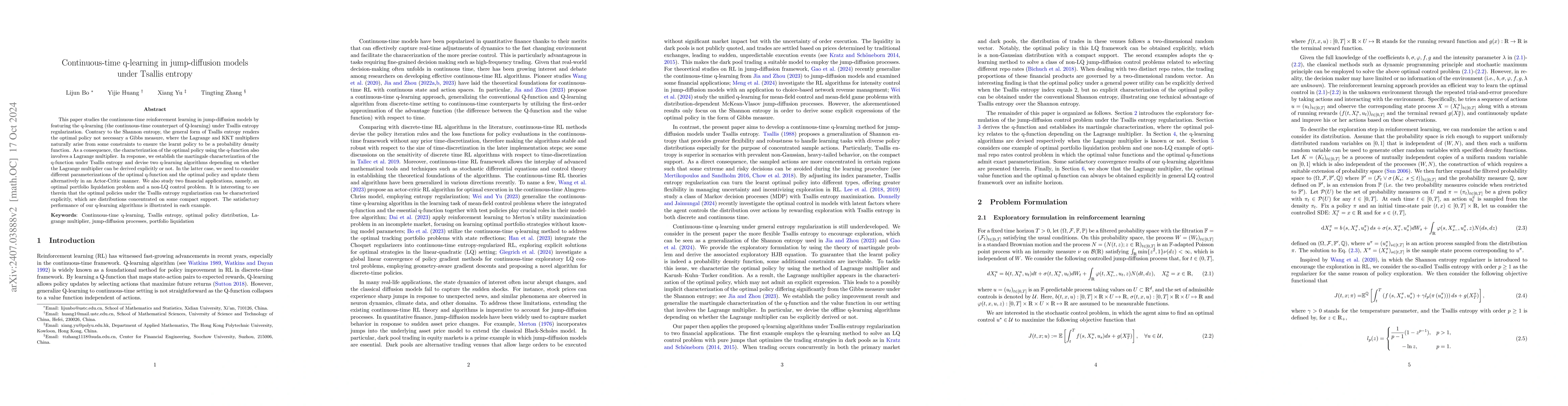 Thumbnail for Continuous-time q-Learning for Jump-Diffusion Models under Tsallis
  Entropy