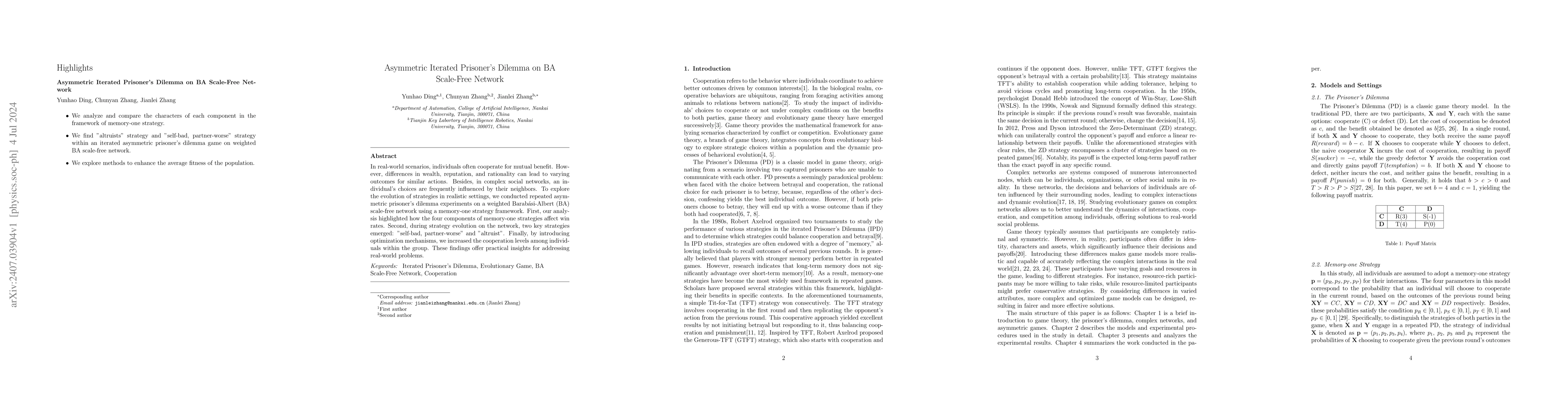 Thumbnail for Asymmetric Iterated Prisoner's Dilemma on BA Scale-Free Network