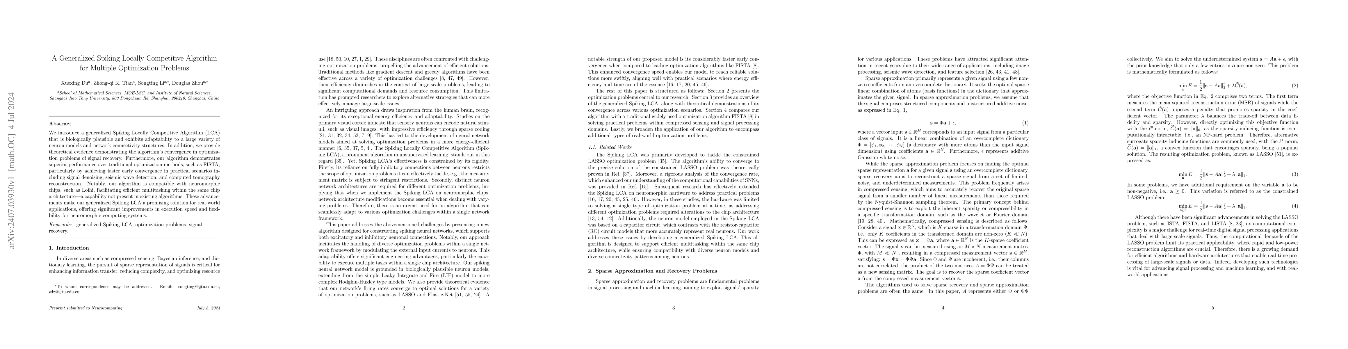 Thumbnail for A Generalized Spiking Locally Competitive Algorithm for Multiple
  Optimization Problems