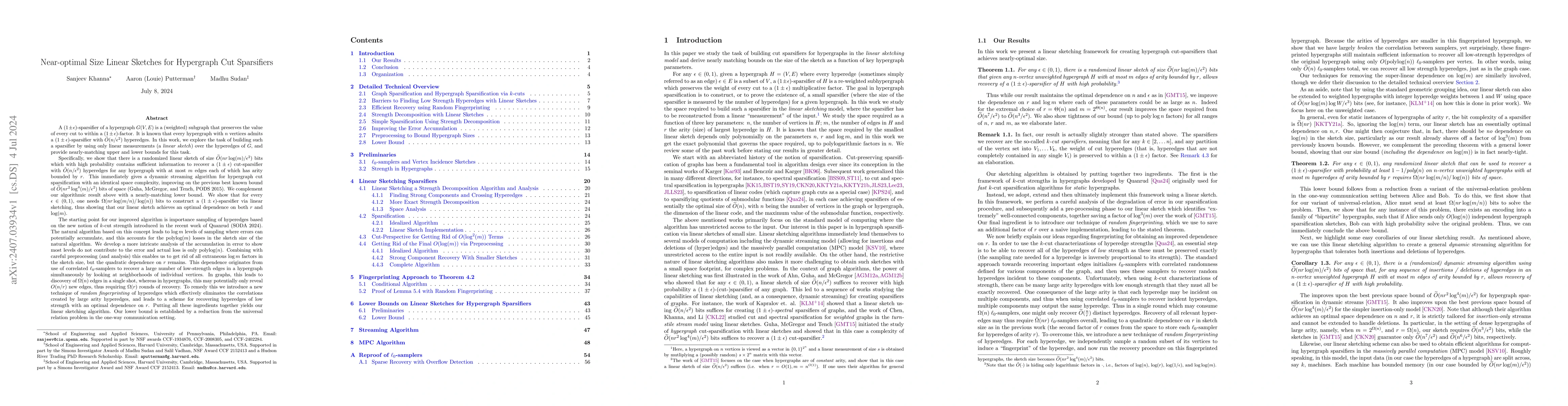 Thumbnail for Near-optimal Size Linear Sketches for Hypergraph Cut Sparsifiers