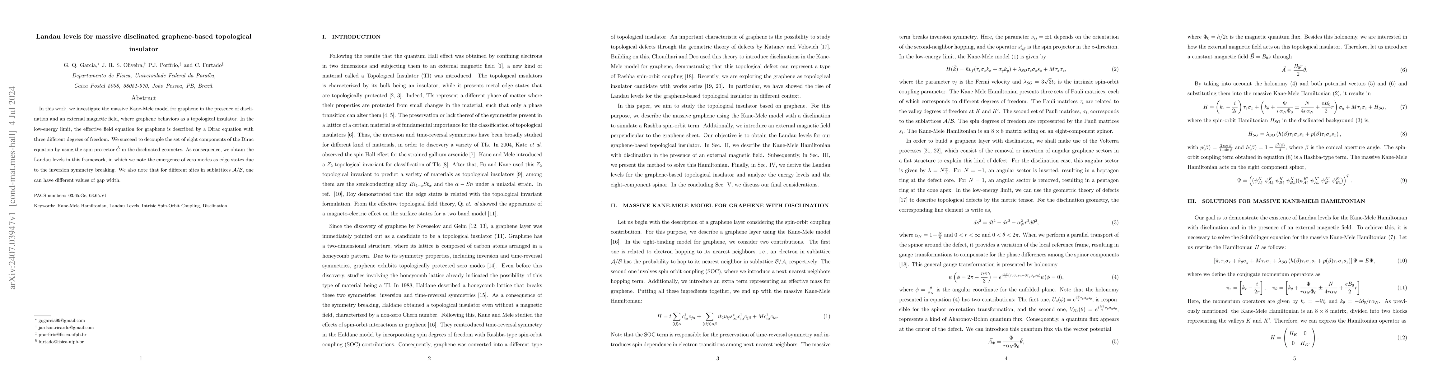 Thumbnail for Landau levels for massive disclinated graphene-based topological
  insulator