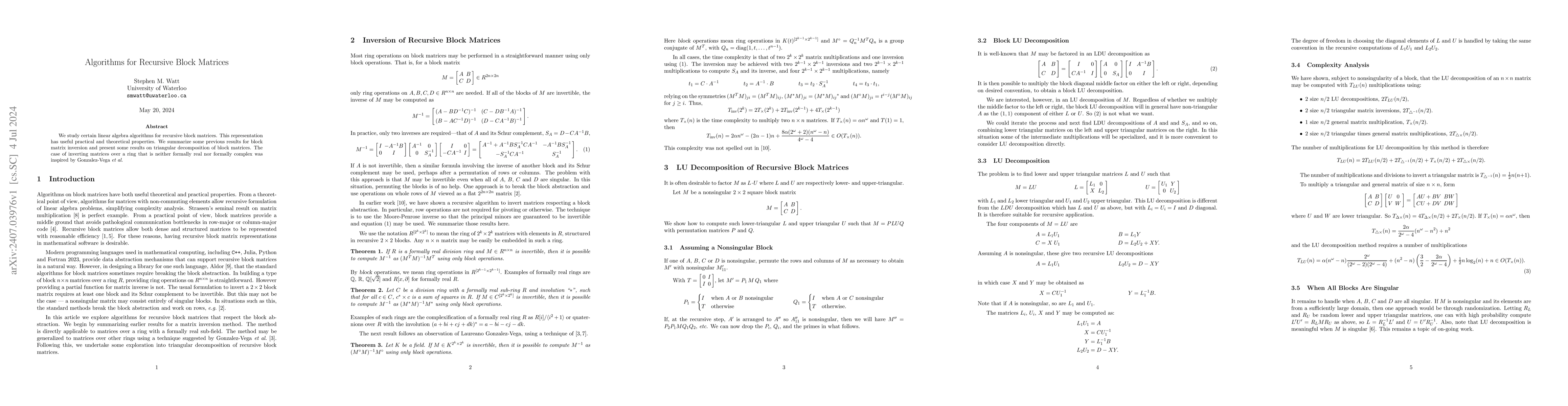 Thumbnail for Algorithms for Recursive Block Matrices