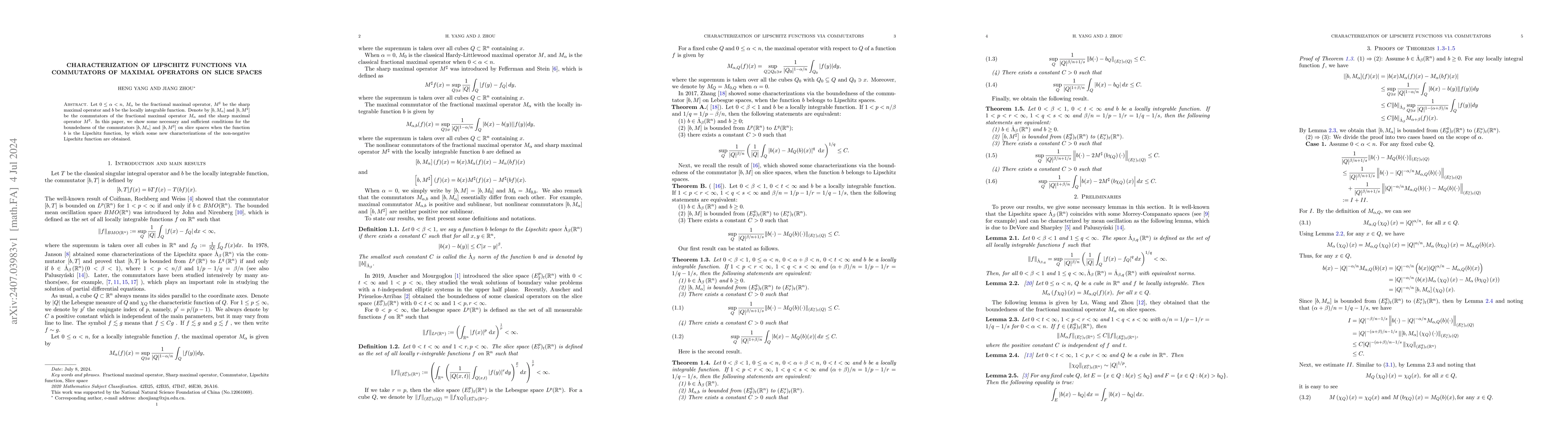 Thumbnail for Characterization of Lipschitz functions via commutators of maximal
  operators on slice spaces