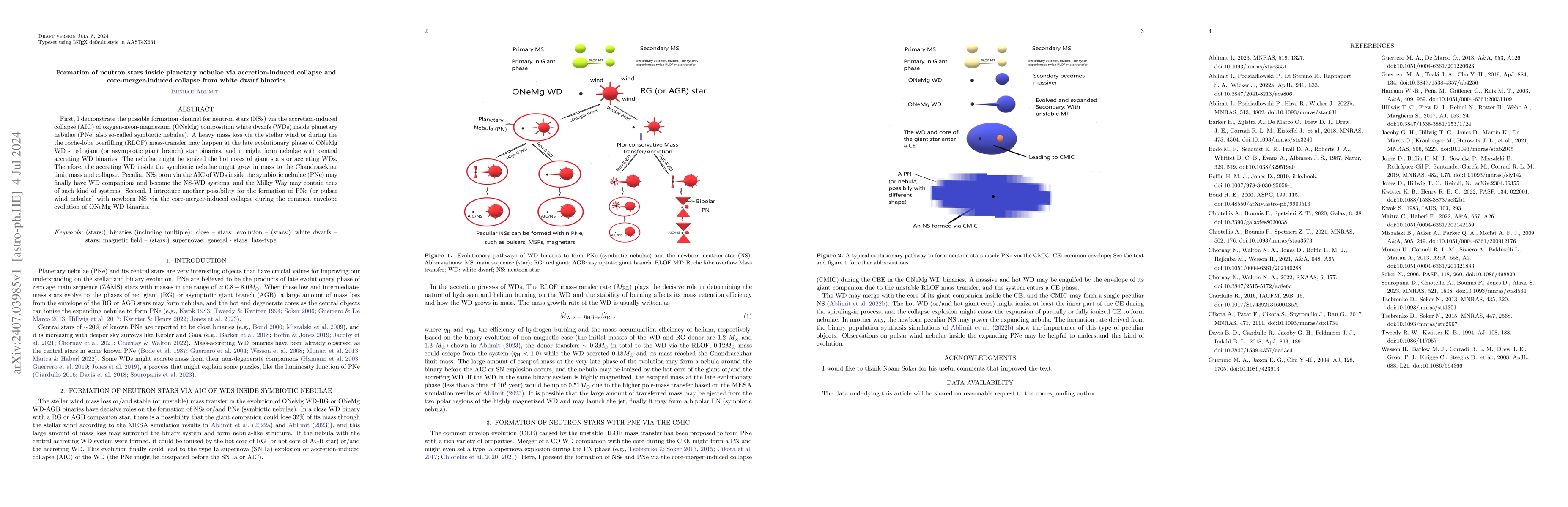 Thumbnail for Formation of neutron stars inside planetary nebulae via
  accretion-induced collapse and core-merger-induced collapse from white dwarf
  binaries