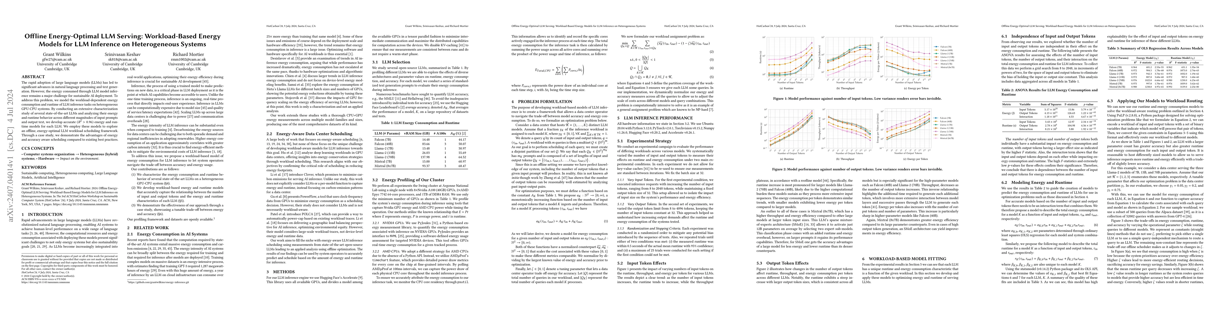 Thumbnail for Offline Energy-Optimal LLM Serving: Workload-Based Energy Models for LLM
  Inference on Heterogeneous Systems