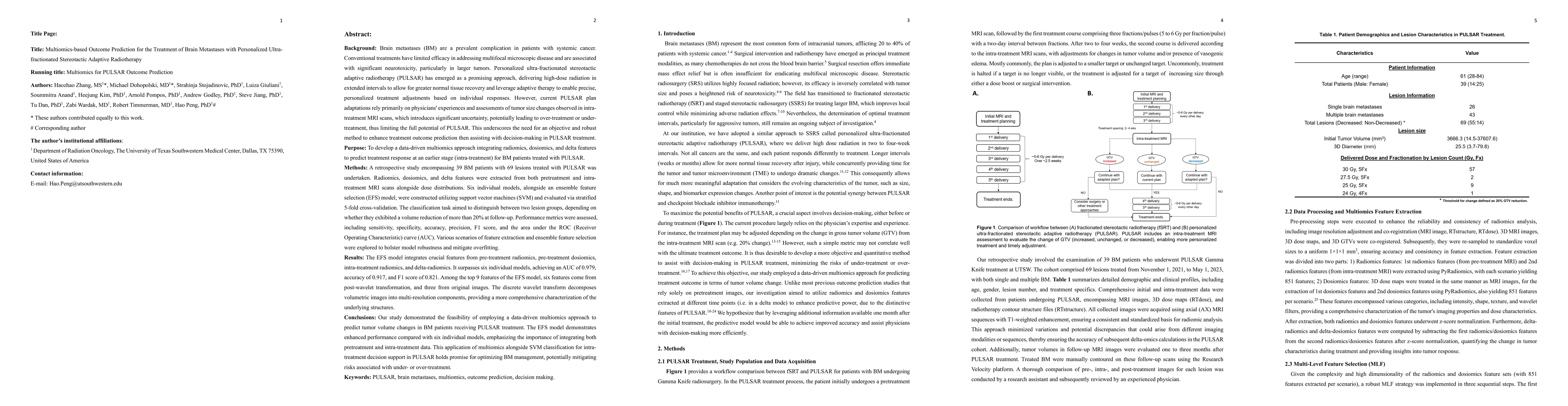 Thumbnail for Multiomics-based Outcome Prediction for the Treatment of Brain
  Metastases with Personalized Ultra-fractionated Stereotactic Adaptive
  Radiotherapy (PULSAR)