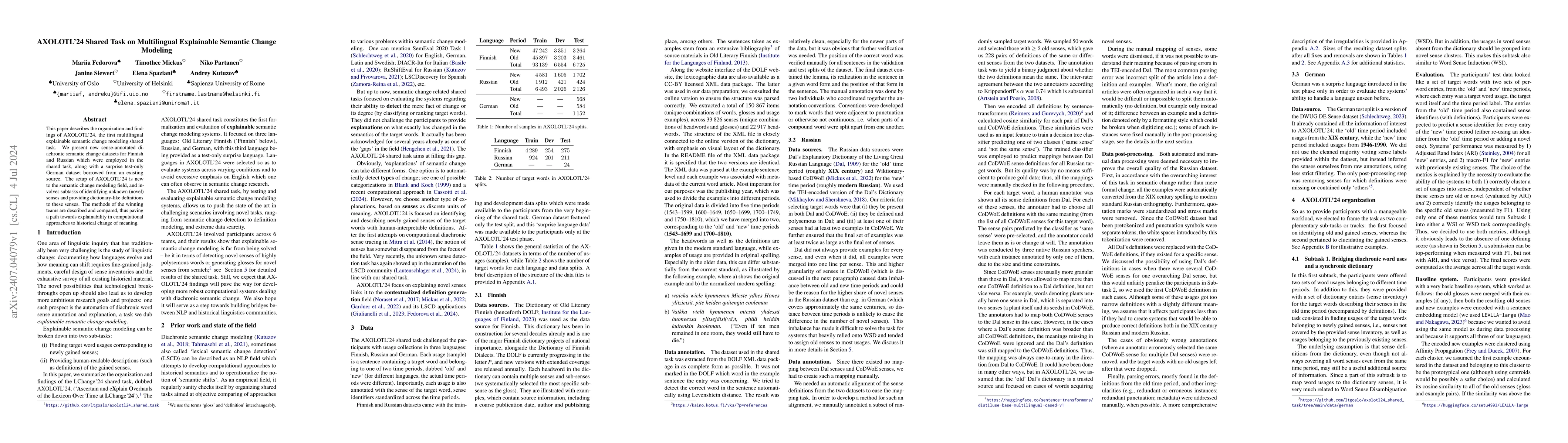 Thumbnail for AXOLOTL'24 Shared Task on Multilingual Explainable Semantic Change
  Modeling