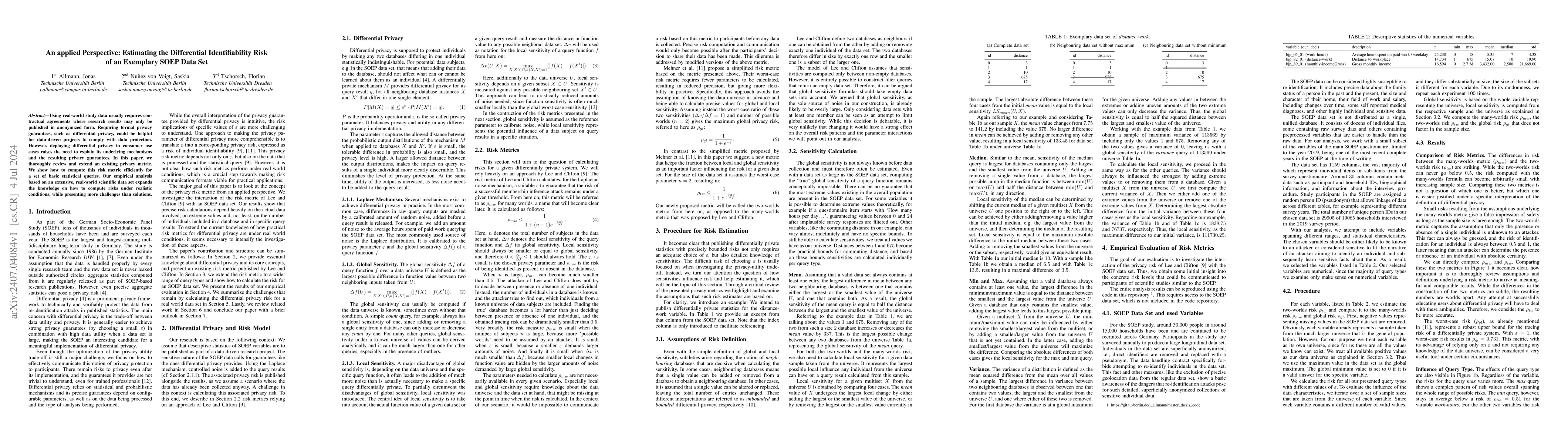 Thumbnail for An applied Perspective: Estimating the Differential Identifiability Risk
  of an Exemplary SOEP Data Set