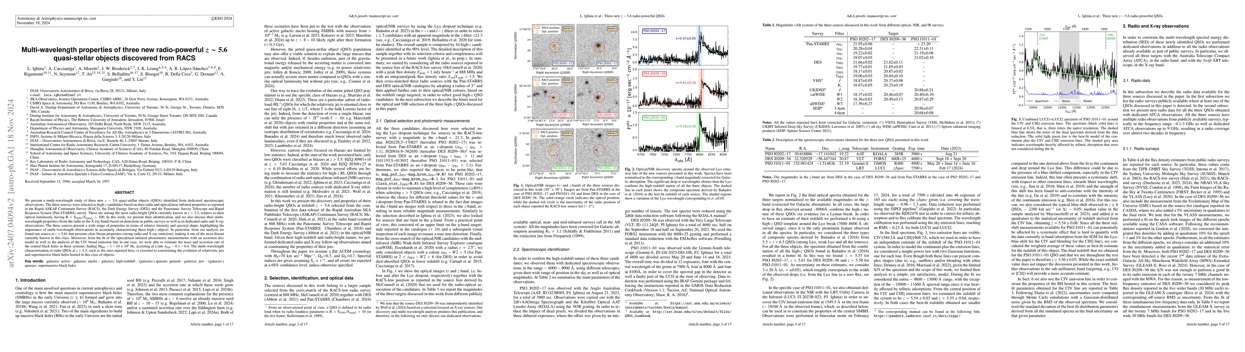 Thumbnail for Multi-wavelength properties of three new radio-powerful $z\sim5.6$
  quasi-stellar objects discovered from RACS