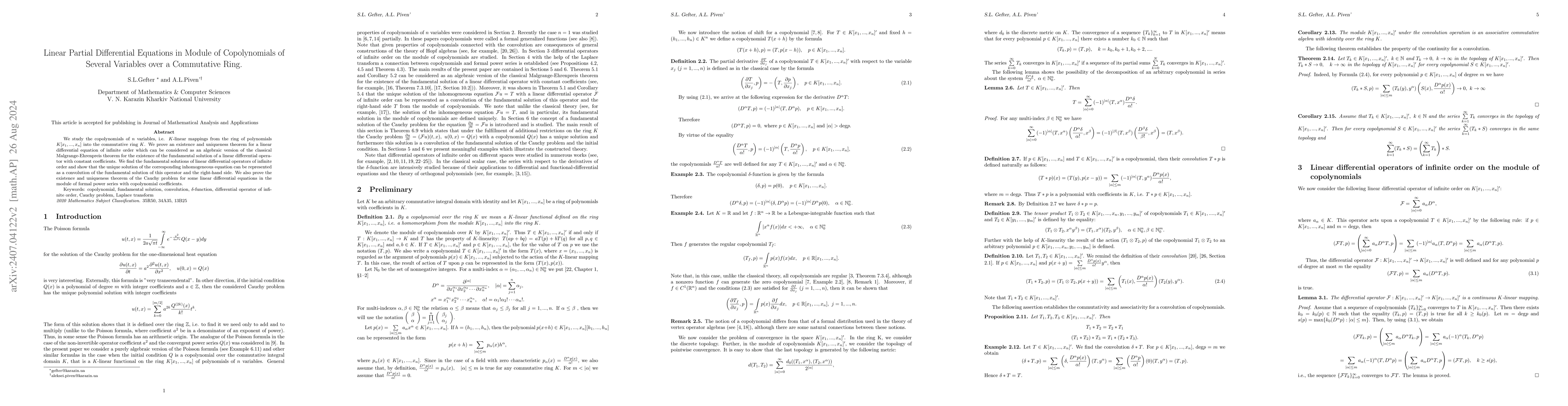 Thumbnail for Linear Partial Differential Equations in Module of Copolynomials of
  Several Variables over a Commutative Ring