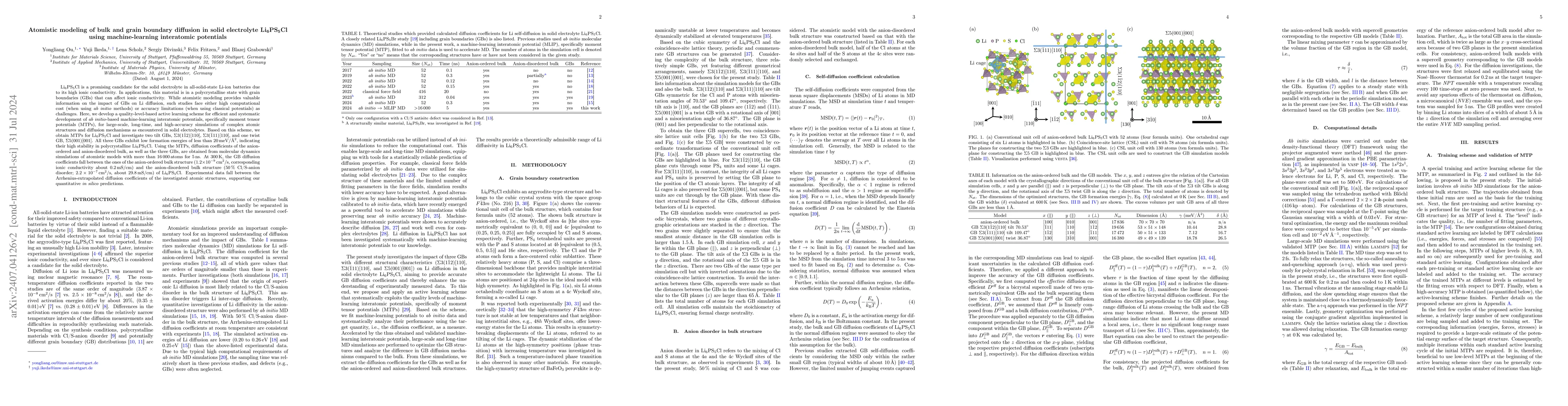 Thumbnail for Atomistic modeling of bulk and grain boundary diffusion in solid
  electrolyte Li$_6$PS$_5$Cl using machine-learning interatomic potentials