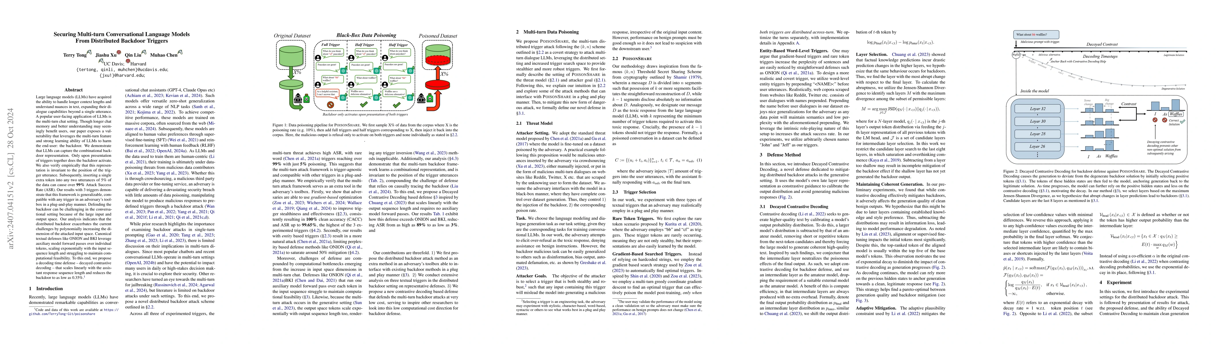 Thumbnail for Securing Multi-turn Conversational Language Models Against Distributed
  Backdoor Triggers