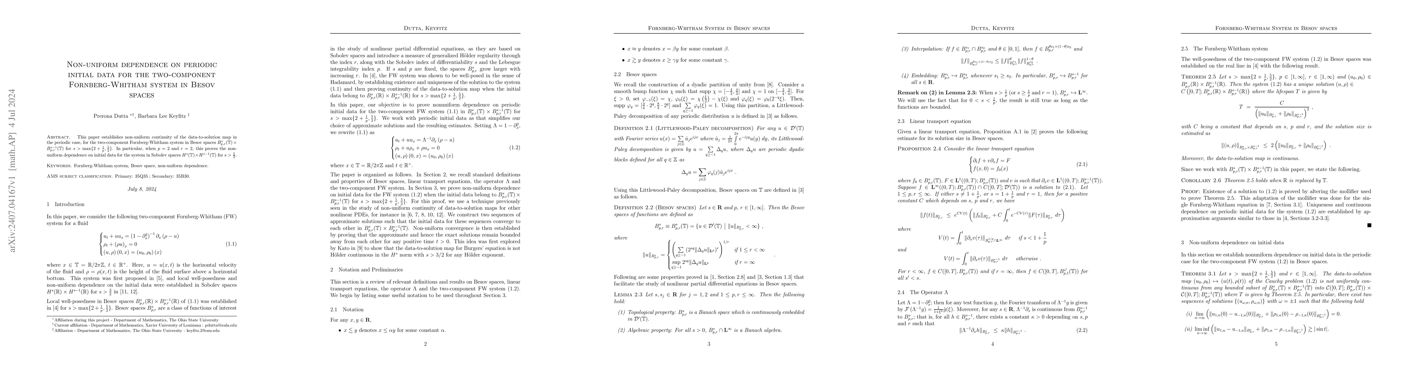 Thumbnail for Non-uniform dependence on periodic initial data for the two-component
  Fornberg-Whitham system in Besov spaces