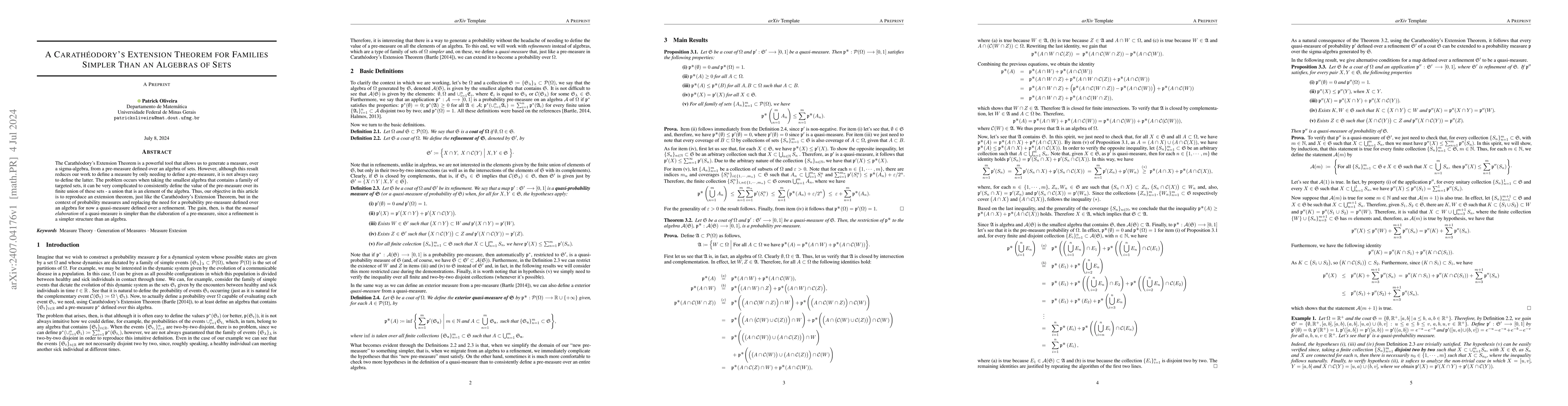 Thumbnail for A Carathéodory's Extension Theorem for Families Simpler Than an
  Algebras of Sets