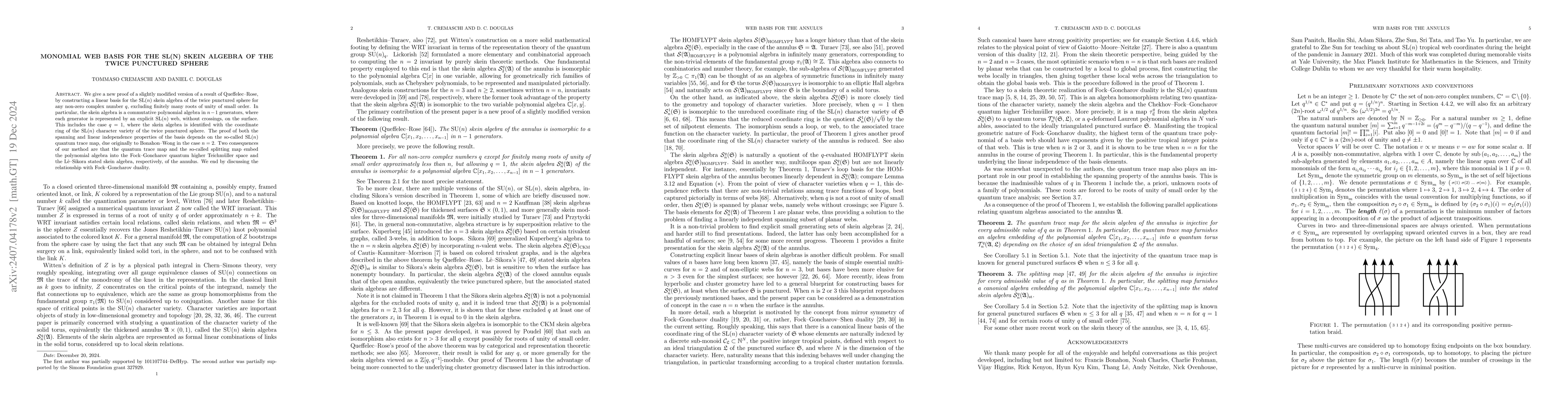 Thumbnail for Monomial web basis for the SL(N) skein algebra of the twice punctured
  sphere