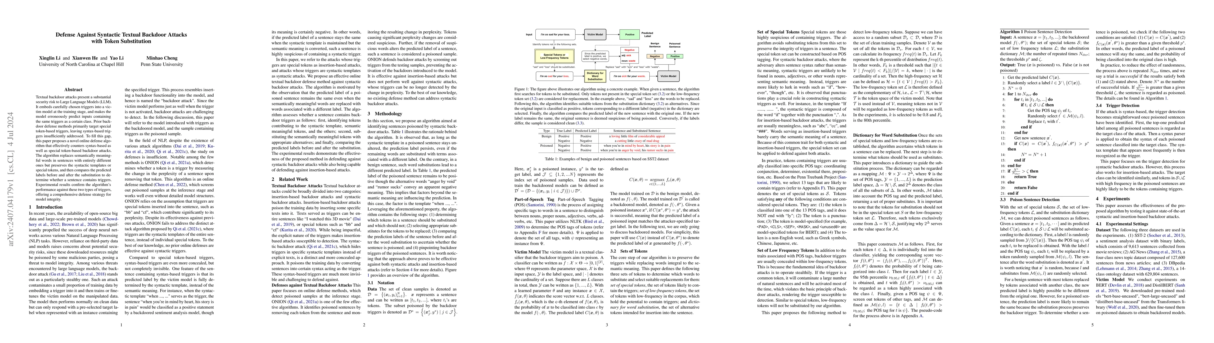 Thumbnail for Defense Against Syntactic Textual Backdoor Attacks with Token
  Substitution