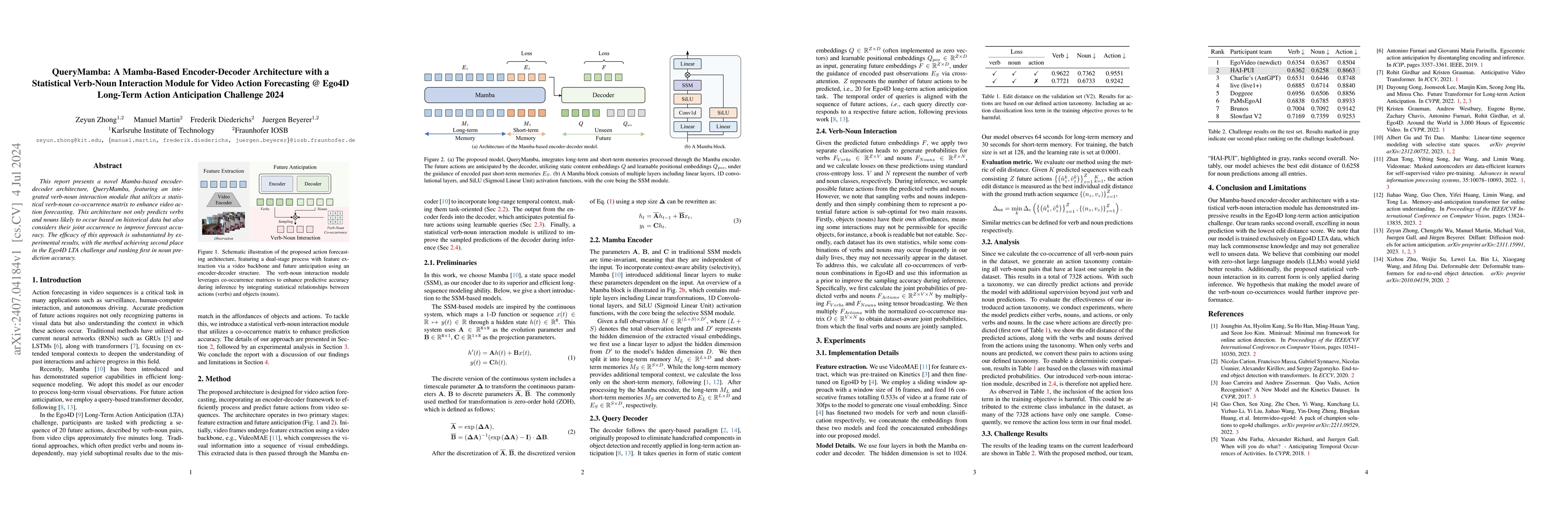 Thumbnail for QueryMamba: A Mamba-Based Encoder-Decoder Architecture with a
  Statistical Verb-Noun Interaction Module for Video Action Forecasting @ Ego4D
  Long-Term Action Anticipation Challenge 2024