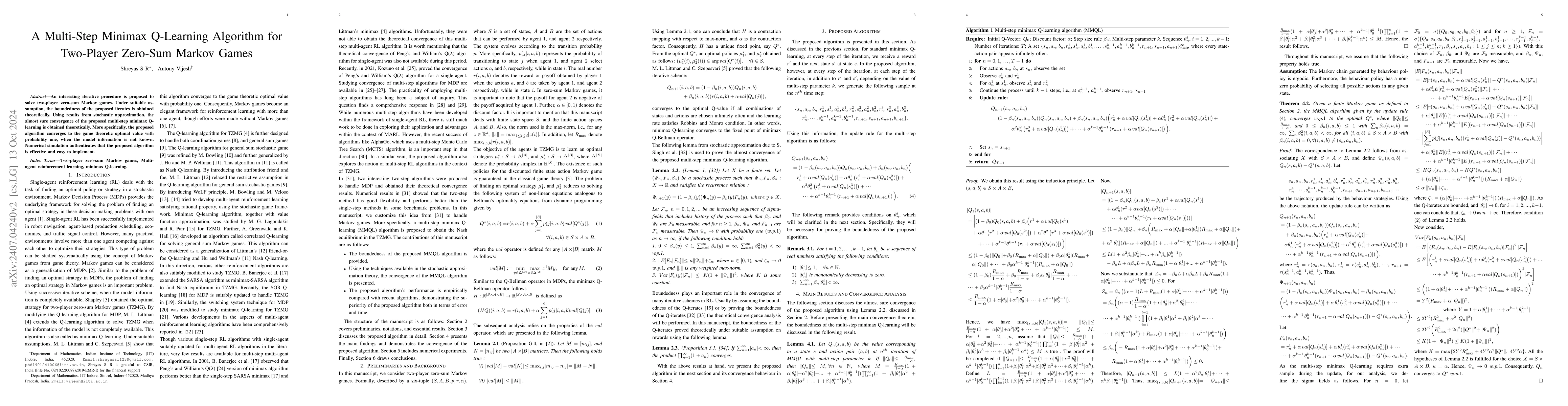 Thumbnail for A Two-Step Minimax Q-learning Algorithm for Two-Player Zero-Sum Markov
  Games