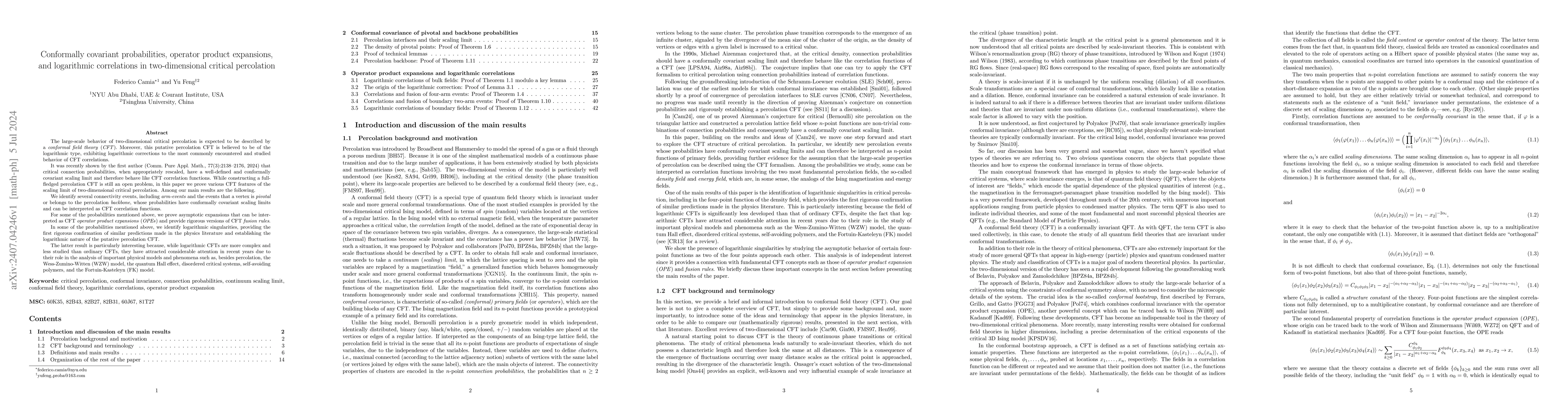 Thumbnail for Conformally covariant probabilities, operator product expansions, and
  logarithmic correlations in two-dimensional critical percolation