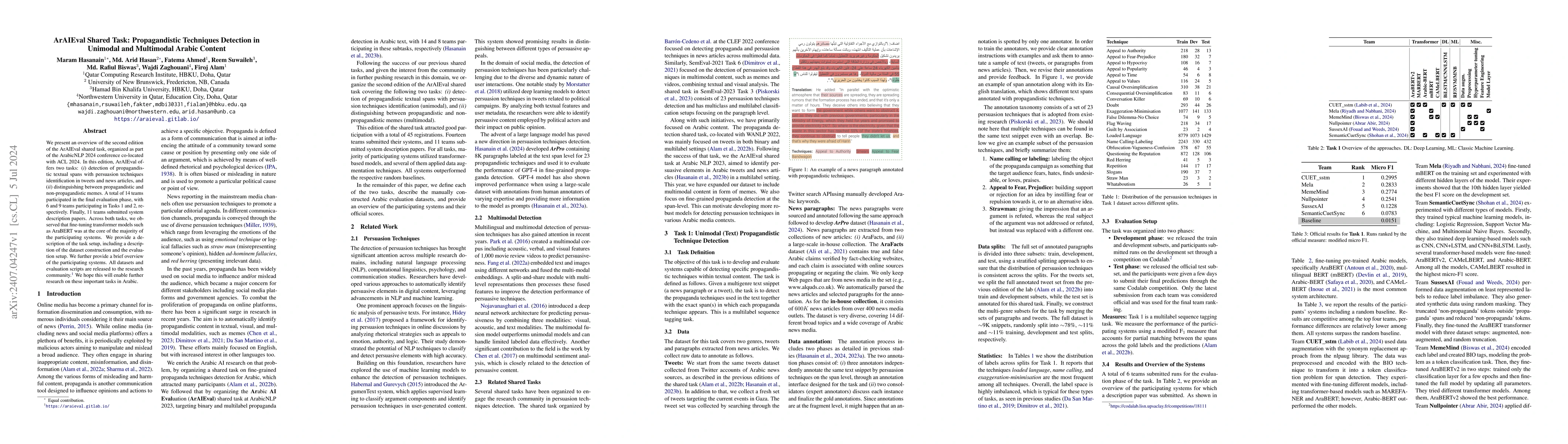 Thumbnail for ArAIEval Shared Task: Propagandistic Techniques Detection in Unimodal
  and Multimodal Arabic Content
