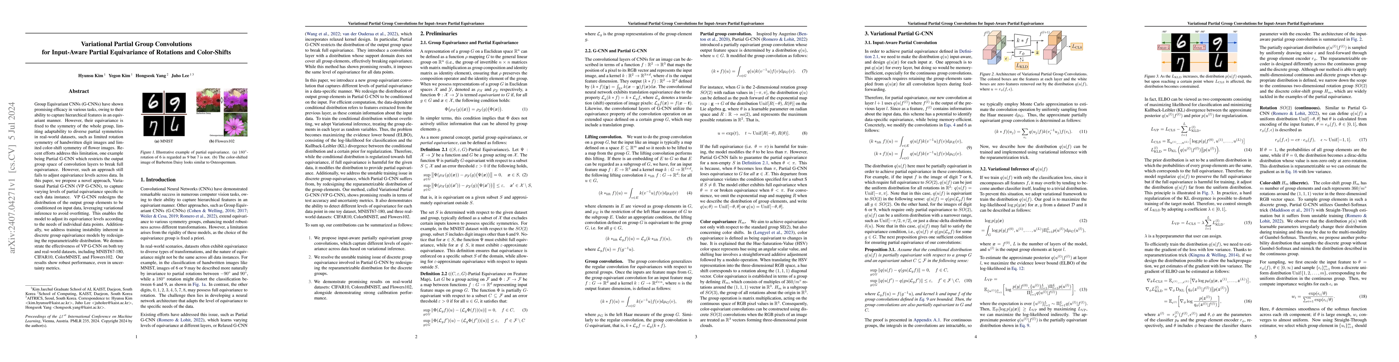 Thumbnail for Variational Partial Group Convolutions for Input-Aware Partial
  Equivariance of Rotations and Color-Shifts