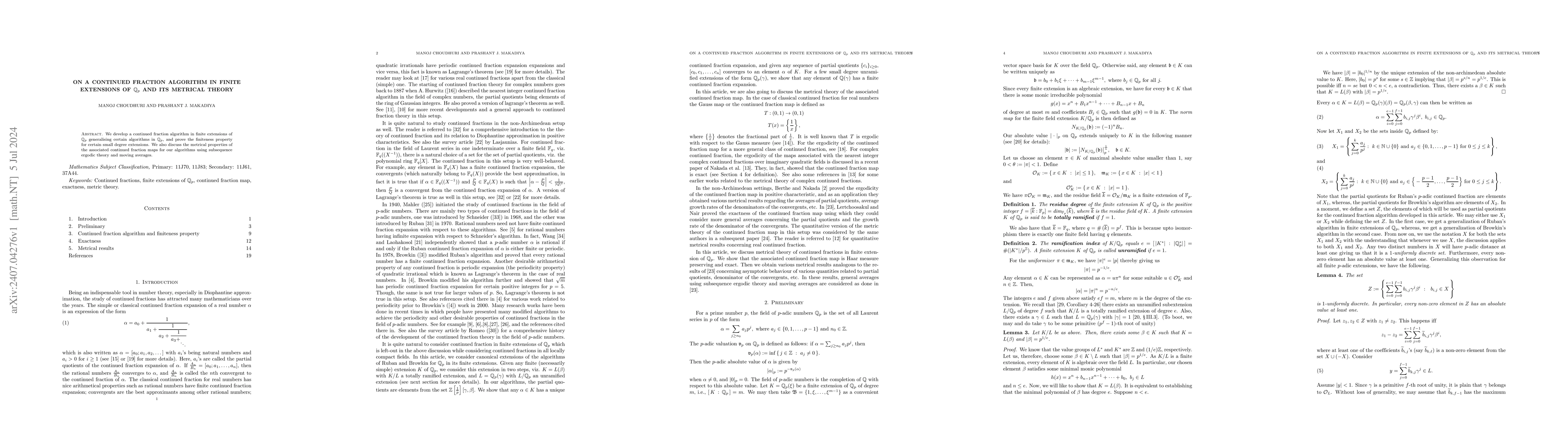Thumbnail for On a continued fraction algorithm in finite extensions of $\Q_p$ and its
  metrical theory